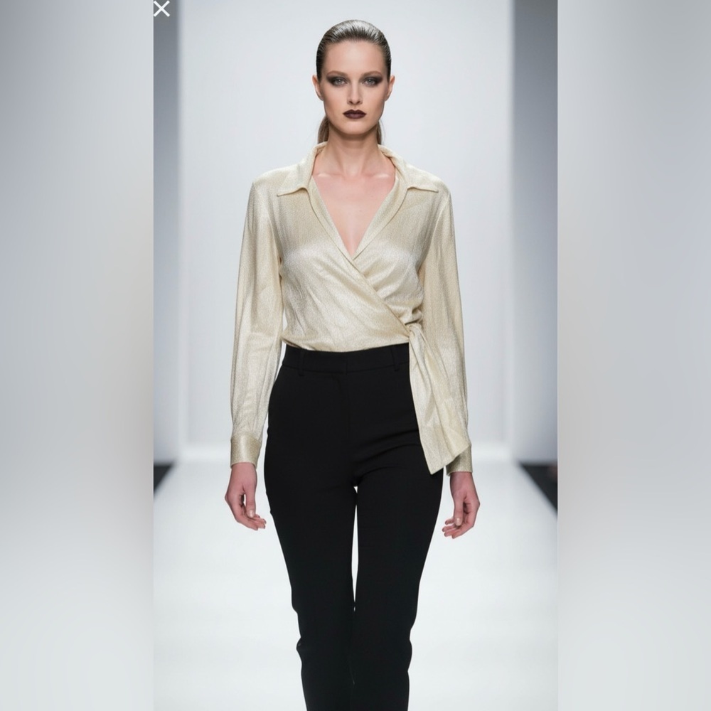 Shimmering Gold Wrap V-Neck Long Sleeve Top w/ Side Sash Tie - 70’s Glam!